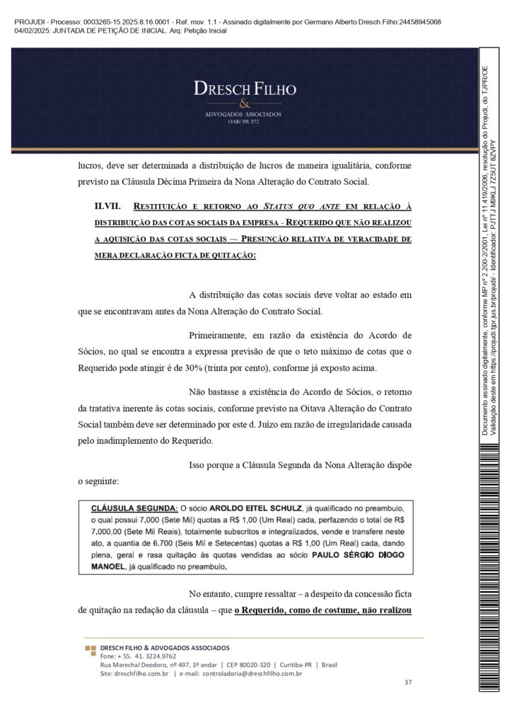 Franqueadora TZViagens Peticao Inicial AroldoSchultz Autos n. 0003265 15.2025.8.16.0001 page 0037 Na íntegra: confira a petição de Aroldo Schultz para retomar o controle da TZ Viagens