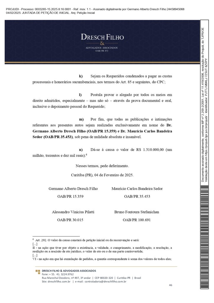 Franqueadora TZViagens Peticao Inicial AroldoSchultz Autos n. 0003265 15.2025.8.16.0001 page 0046 Na íntegra: confira a petição de Aroldo Schultz para retomar o controle da TZ Viagens
