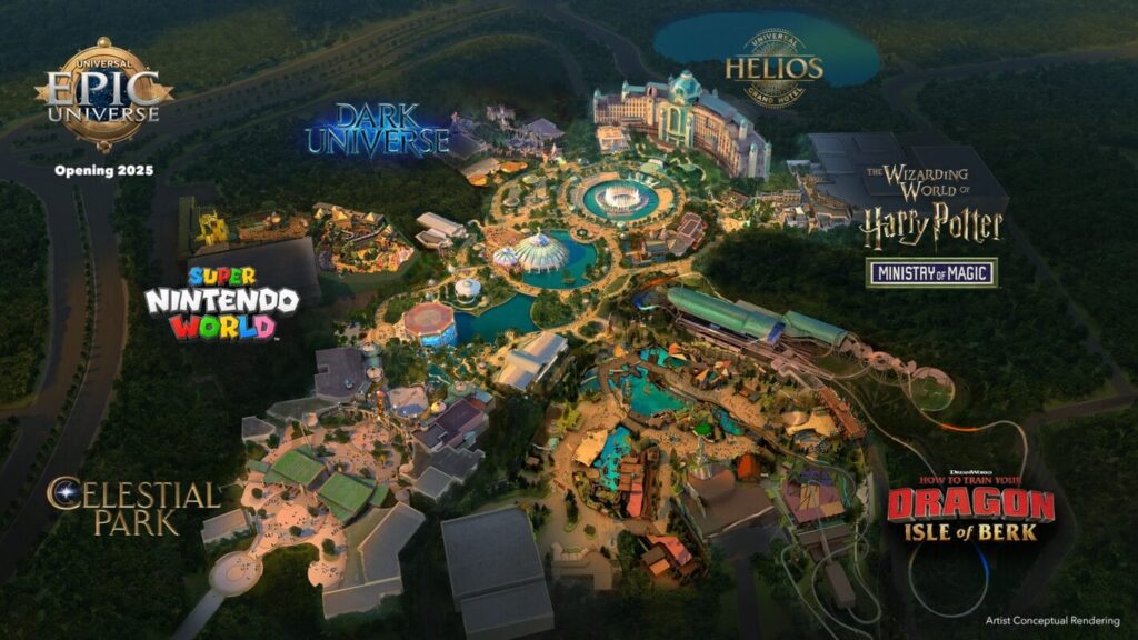 Do sucesso de 2025 às grandes estreias de 2026: veja o que vem por aí no setor de Parques Mapa do Universal Epic Universe (Divulgação/Universal Parks) parques , disney, united parks, hopi hari, universal parks