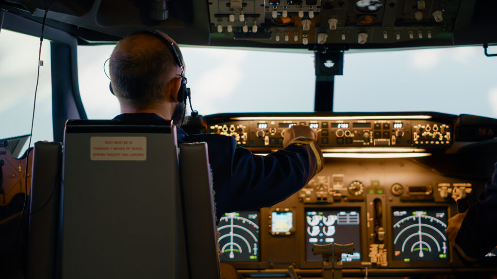 Falso piloto tenta entrar em cabine da Azul durante voo; entenda o caso 1 male airline captain fixing altitude longitude buttons using dashboard navigation command control panel flying airplane with aircrew radar compass power engine windscreen Falso piloto tenta entrar em cabine da Azul durante voo; entenda o caso