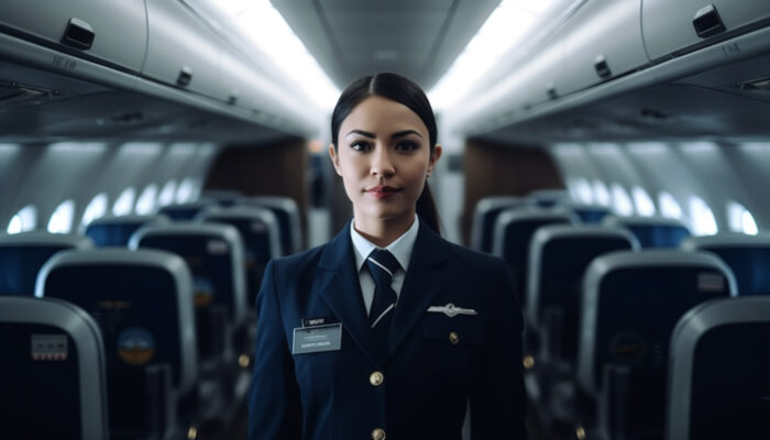 Turismo registra recorde histórico de faturamento em fevereiro, aponta FecomercioSP 1 young businesswoman smiling confidently inside commercial airplane with cabin crew generated by ai scaled e1745848902632 Turismo registra recorde histórico de faturamento em fevereiro, aponta FecomercioSP