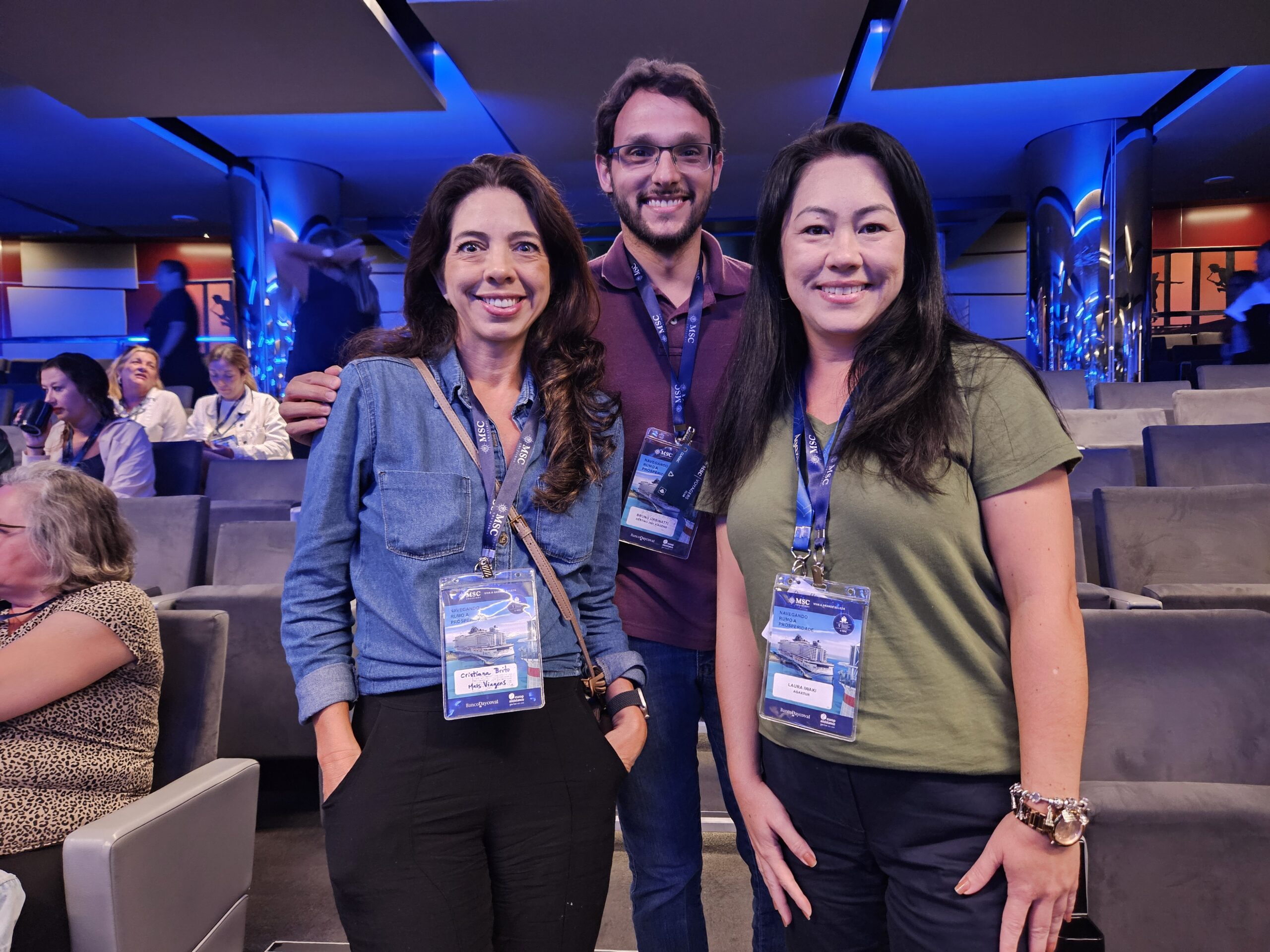 Cristina Britto, da Mais Viagens, Bruno Urbinatti, da Destinos 2881 Viagens, e Laura Iwaki, da Agaxtur