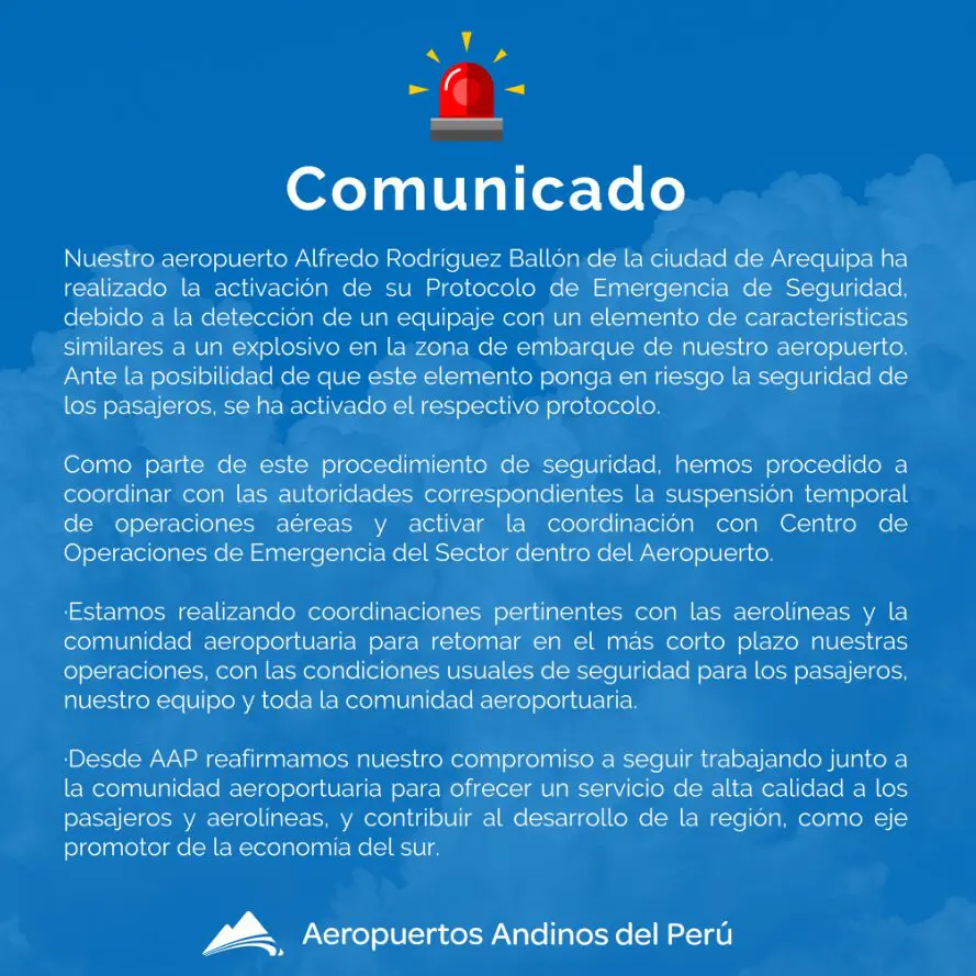 Comunicado de Aeropuertos Andinos del Peru.jpg Aeroporto no Peru tem voos suspensos após ameaça de bomba
