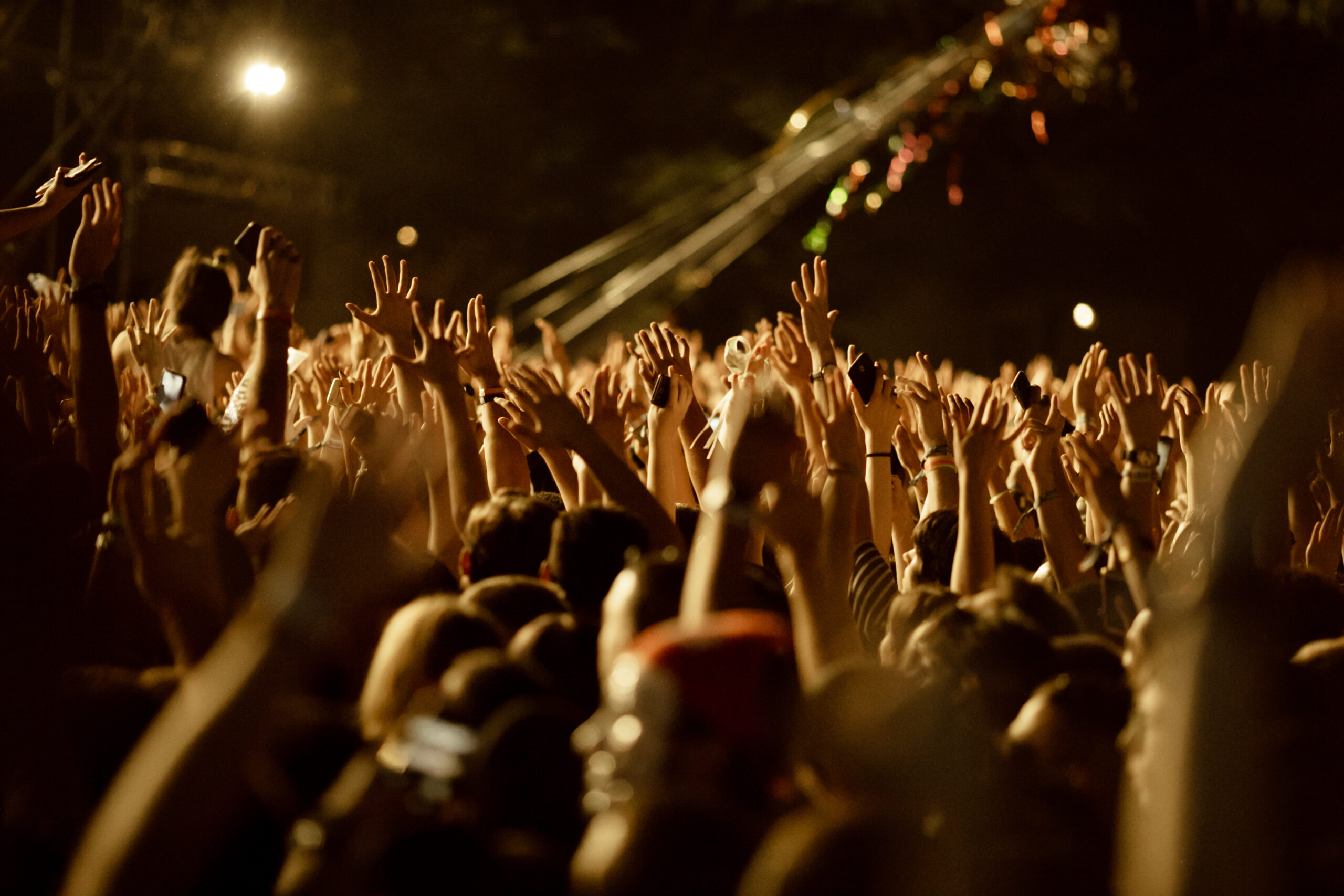 large group fans with arms raised having fun music concert night scaled Rio de Janeiro debate proibição de áreas VIPs em shows públicos: entenda a polêmica