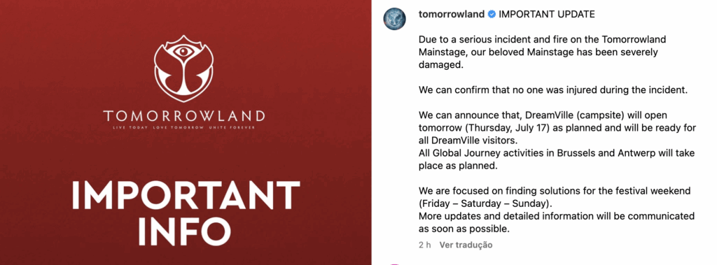 Palco do Tomorrowland pega fogo na Bélgica e festival tenta plano B para seguir com evento; veja fotos 2 Captura de Tela 2025 07 16 as 18.07.49 Palco do Tomorrowland pega fogo na Bélgica e festival tenta plano B para seguir com evento; veja fotos