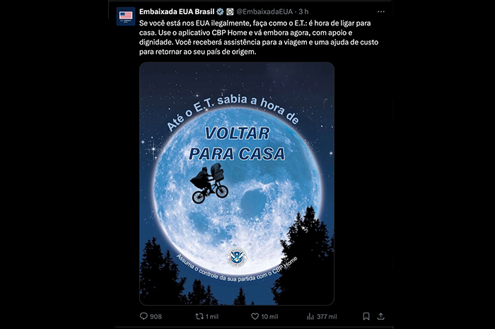 (Reprodução/X/Embaixada dos EUA no Brasil)