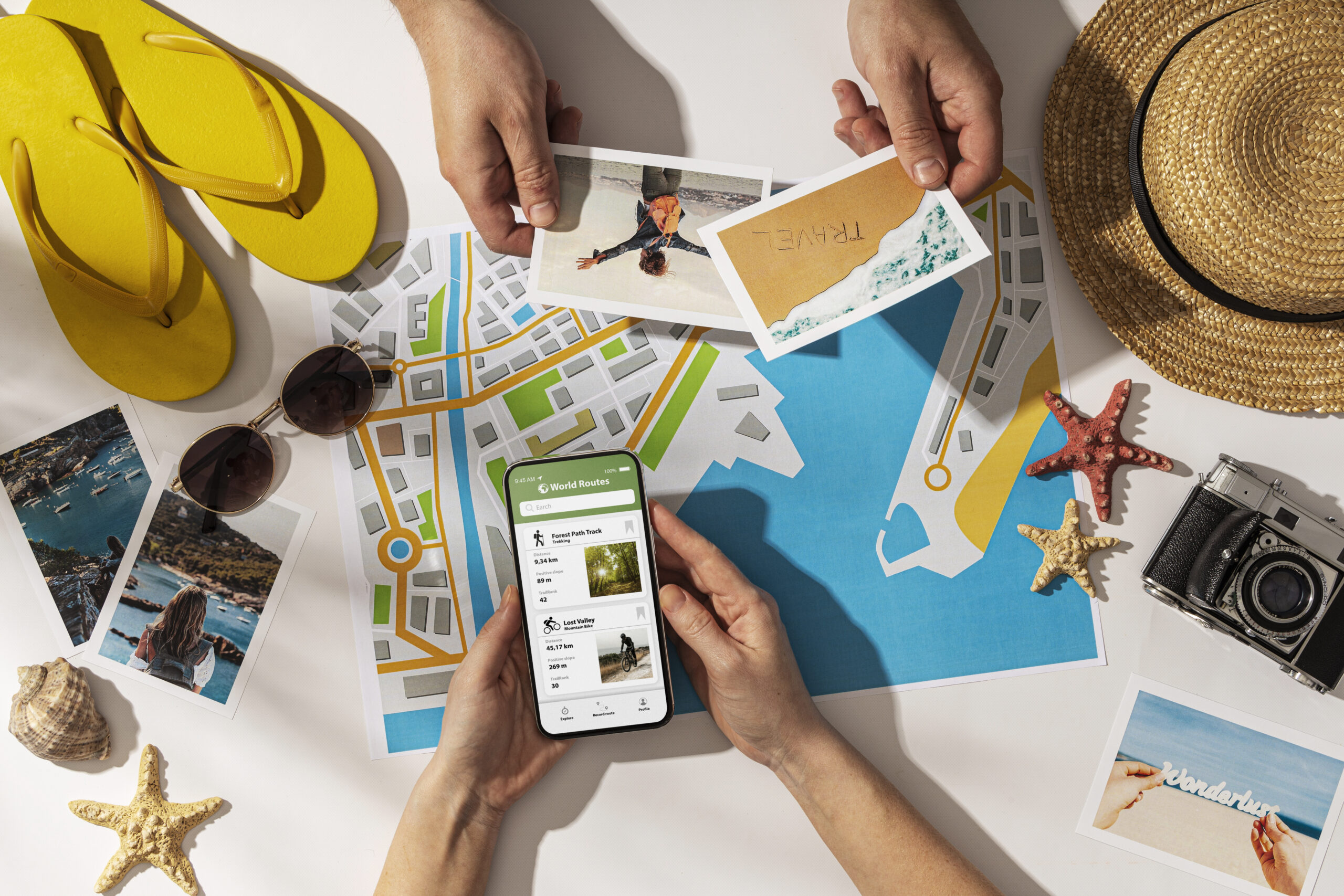 O turismo que transforma ou consome? A urgência de uma virada sustentável no setor 1 vista superior maos segurando telefone e fotos scaled O turismo que transforma ou consome? A urgência de uma virada sustentável no setor