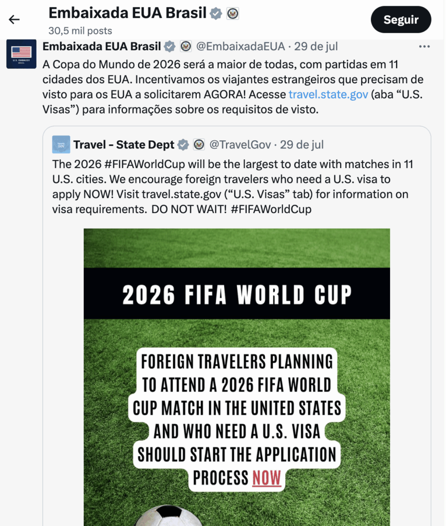 Embaixada dos Estados Unidos no Brasil emite alerta sobre vistos para a Copa de 2026: entenda Embaixada dos Estados Unidos no Brasil emite alerta sobre vistos para a Copa de 2026: entenda