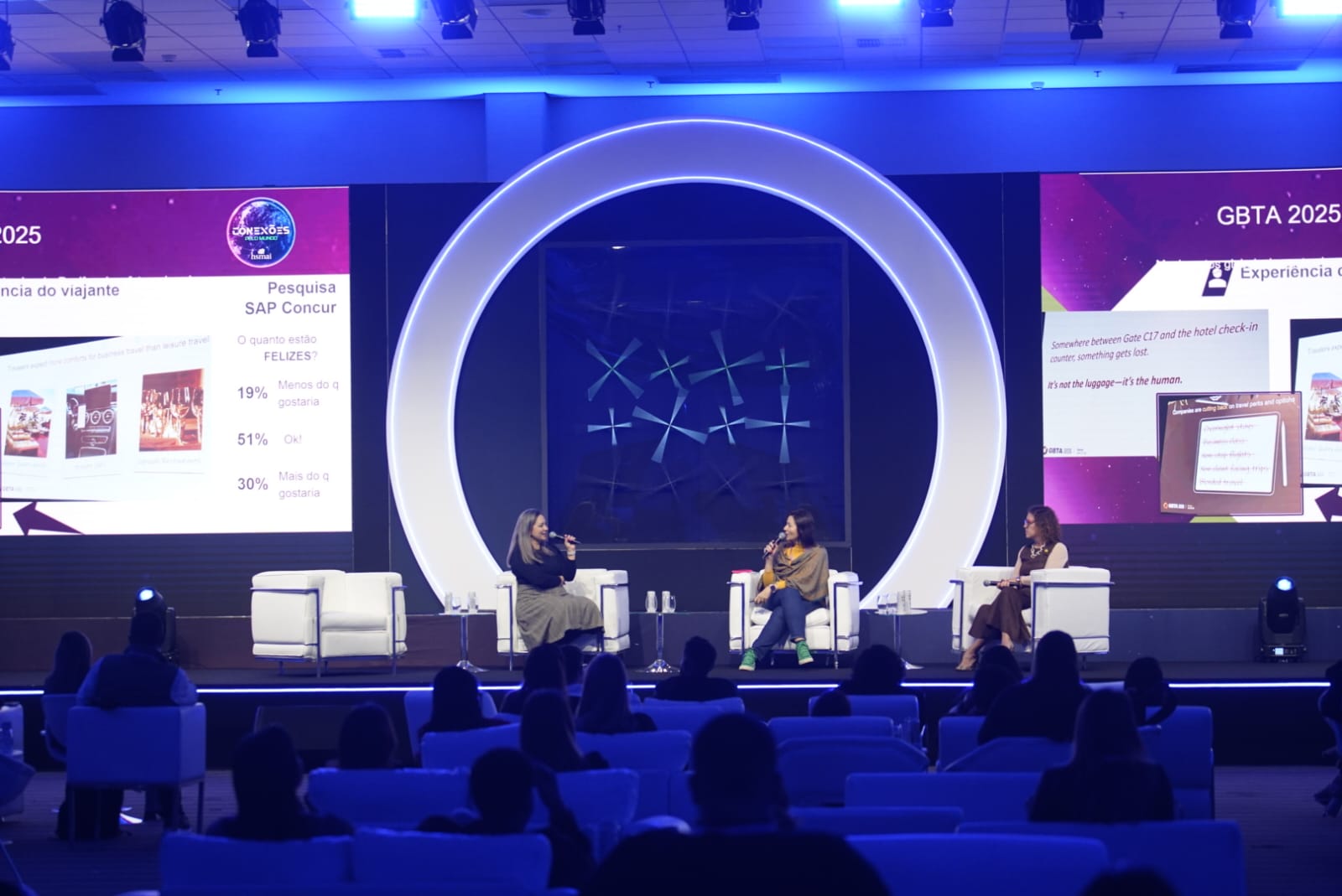 Erika Withaar, Consultora Financeira Travel & Expense na Suzano; Luana Nogueira, Diretora Executiva da Alagev; e Patrícia Thomas, diretora de Vendas Corporativo e Lazer na Omnibees
