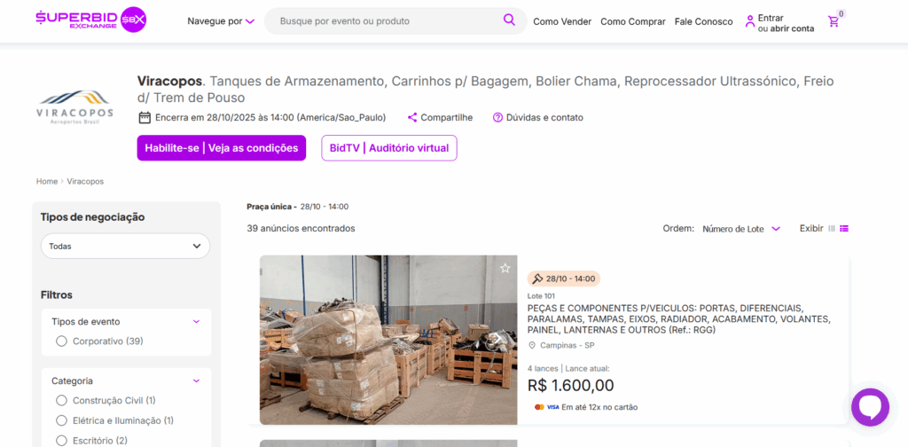Leilão virtual de Viracopos inclui equipamentos de aeroporto e peças de aeronaves