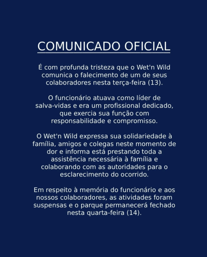 Tragédia no Wet’n Wild: salva-vidas morre durante atendimento a turista Tragédia no Wet’n Wild: salva-vidas morre durante atendimento a turista