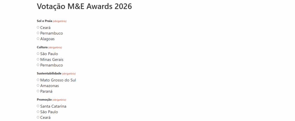 M&E Awards – Destinos do Ano 2026: saiba como votar nos seus favoritos