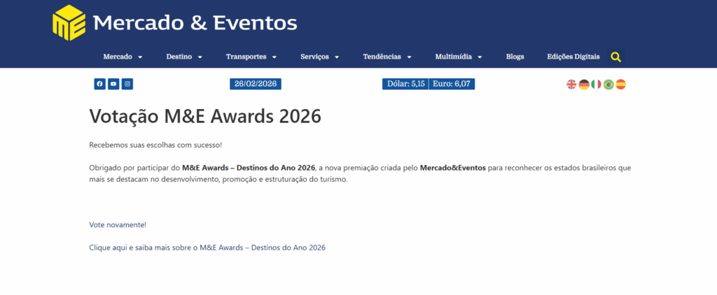 M&E Awards – Destinos do Ano 2026: saiba como votar nos seus favoritos
