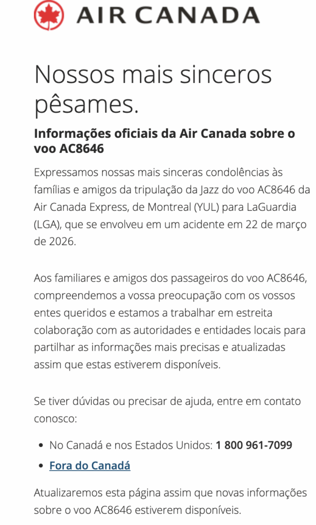 2 mortos e feridos: acidente com voo da Air Canada em Nova York expõe tensão na aviação regional Air Canada