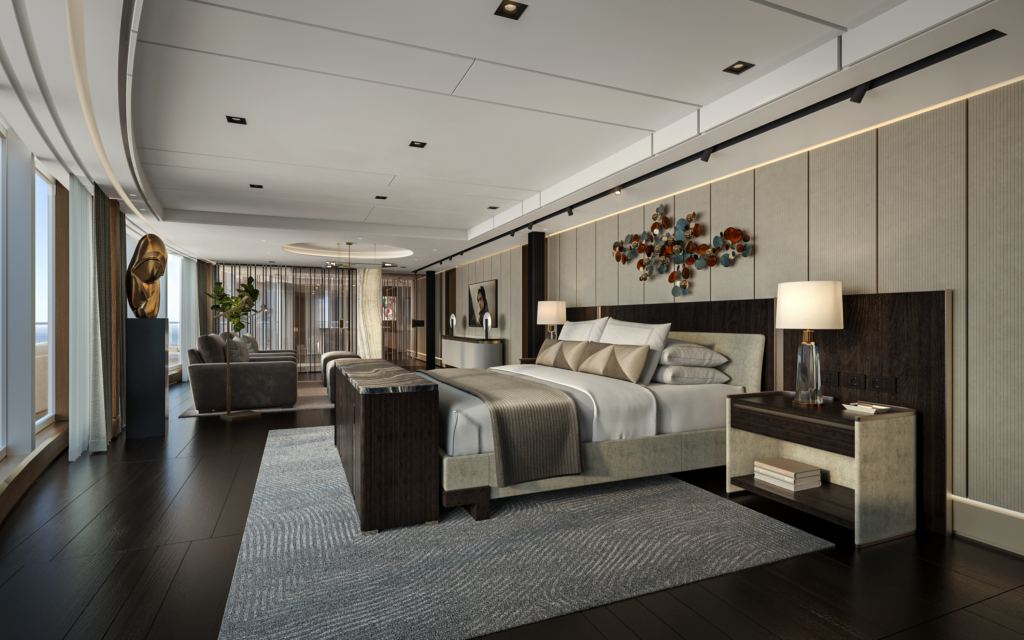 Regent Seven Seas Prestige terá maior suíte all inclusive em cruzeiros com camas Flou sob medida Regent Seven Seas
