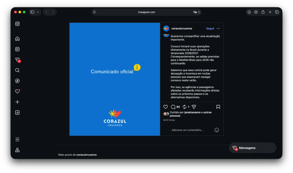 Nem sim, nem não: Corazul cancela temporada europeia e deixa em aberto antecipação da brasileira; entenda Comunicado da Corazul no Instagram (Reprodução