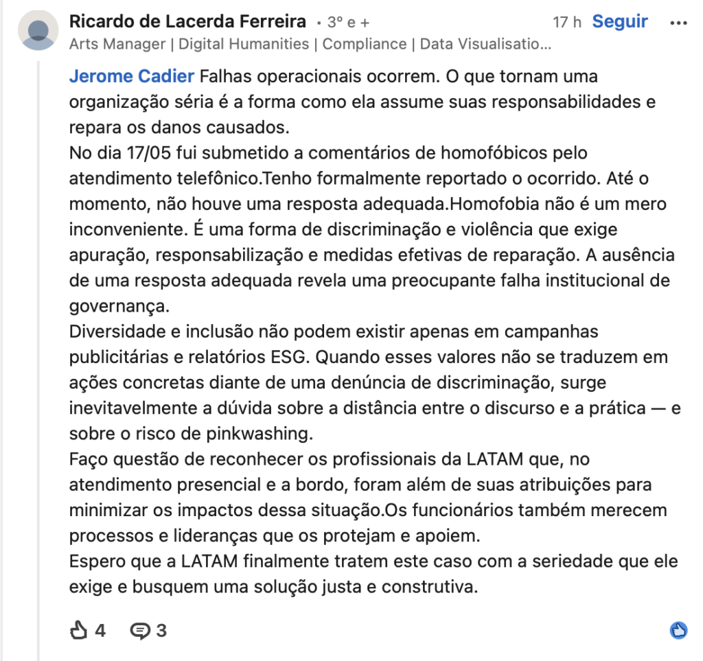 CEO da Latam faz desabafo sobre atendimento e gera debate no LinkedIn; confira latam