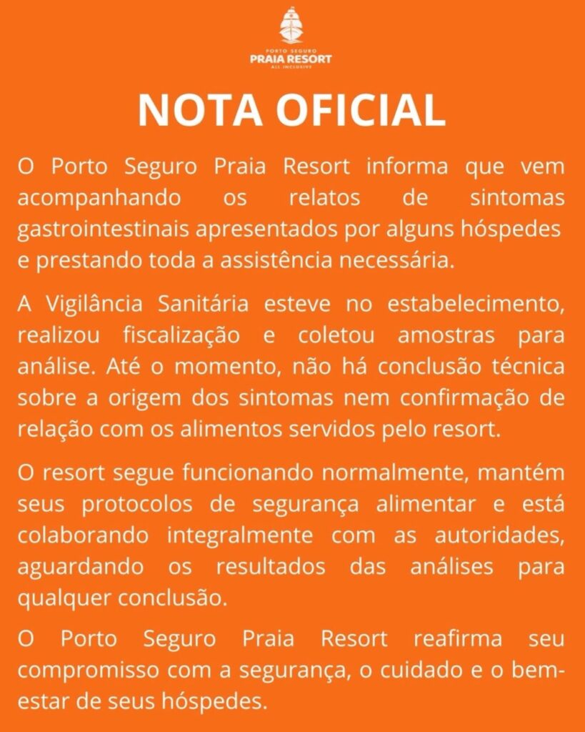 Porto Seguro Praia Resort é fiscalizado após hóspedes relatarem sintomas gastrointestinais Resort